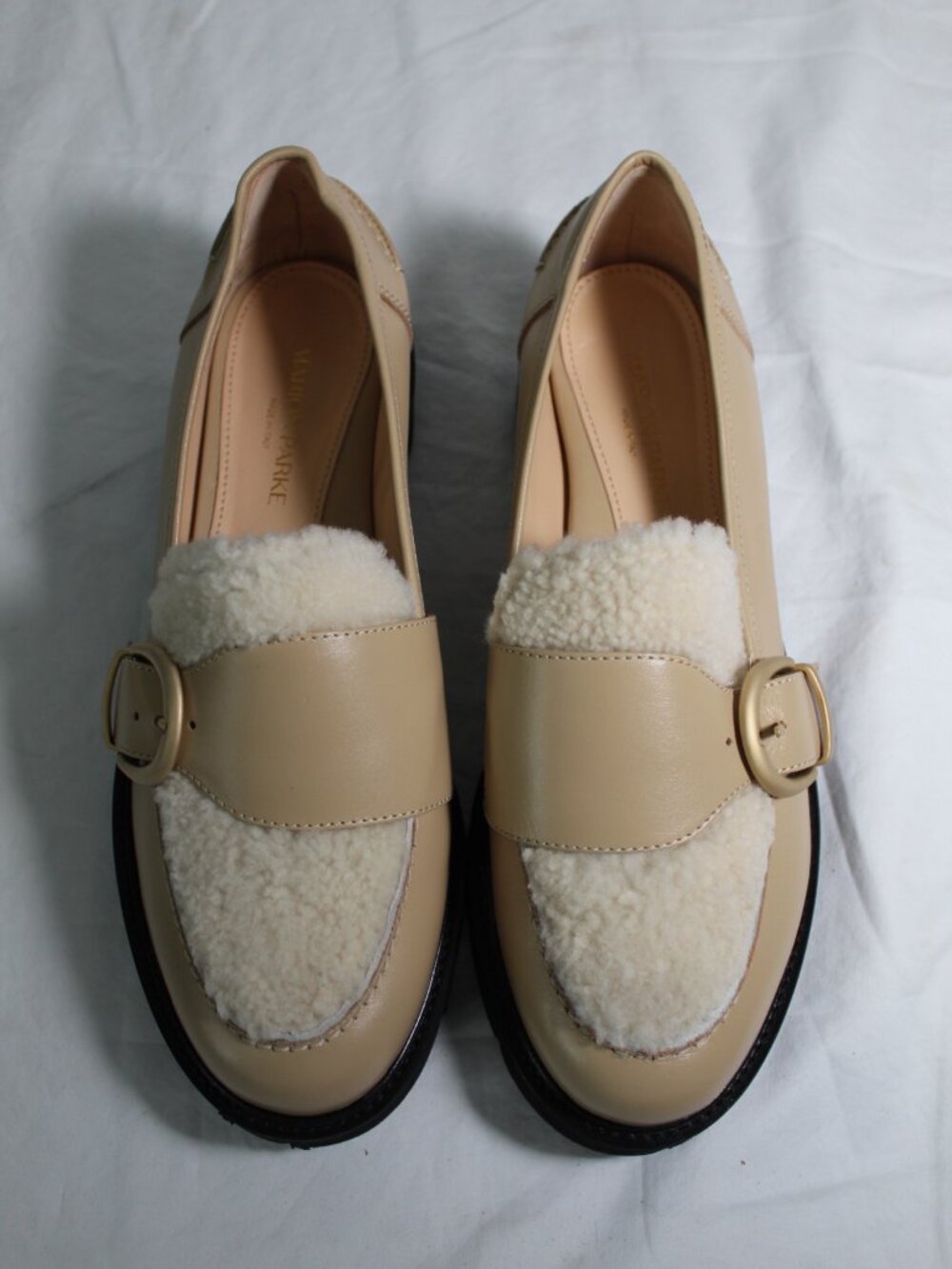 NEW Marion Parke Sawyer Loafers Two Tone Buckle Shearling Vamp Flats Slip Ons 40